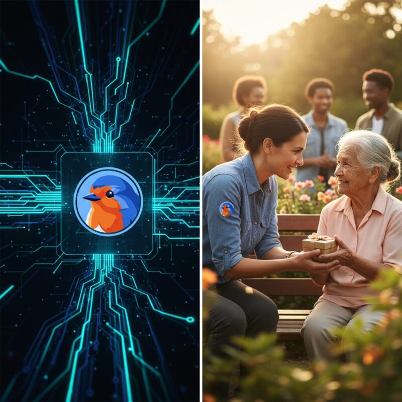 Visual metaphor contrasting secure backend digital automation with frontline human community work