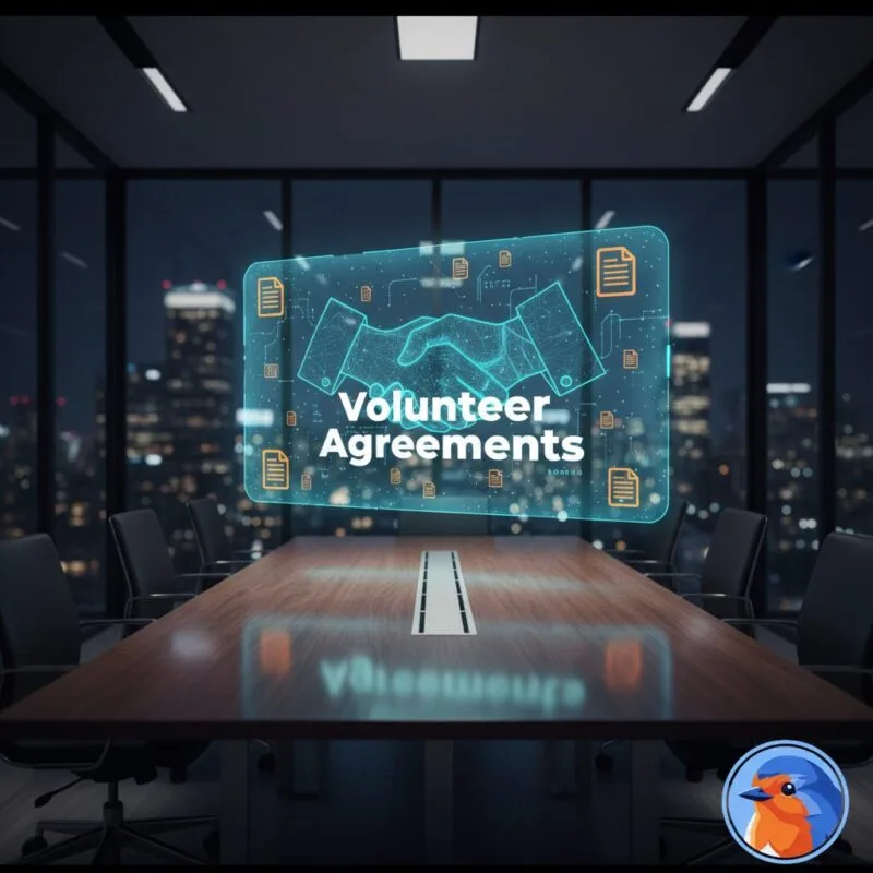 Volunteer Agreements featured image with holographic handshake and legal documents