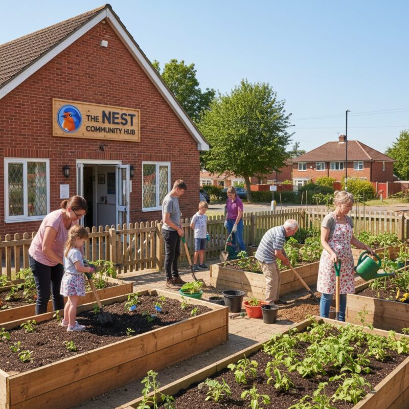 Volunteers planting a sustainable community garden to meet environmental funding mandates