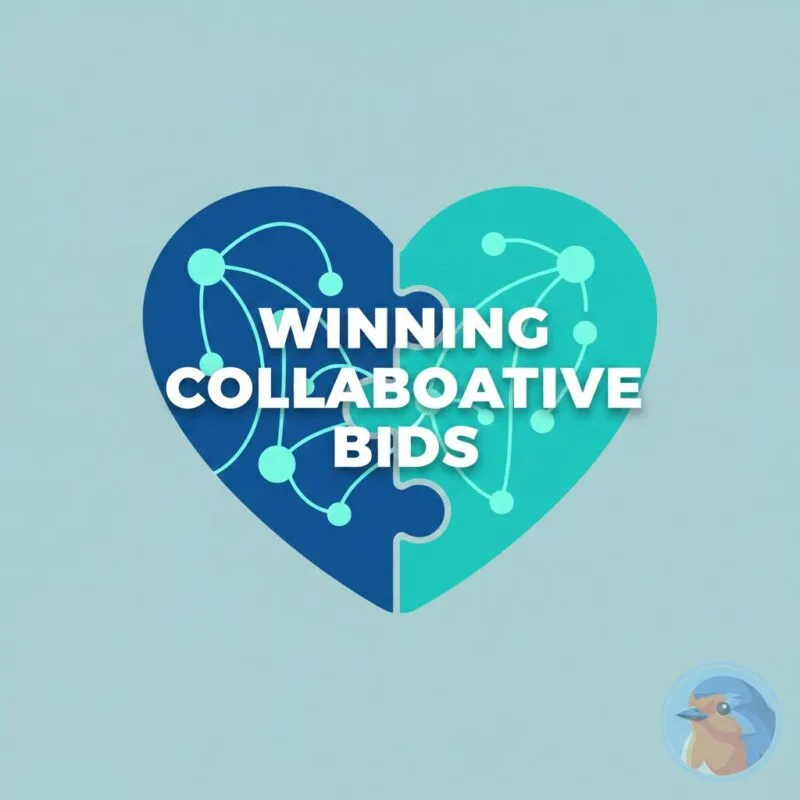 Winning Collaborative Bids featured image with glowing holographic charity network connections over a boardroom table