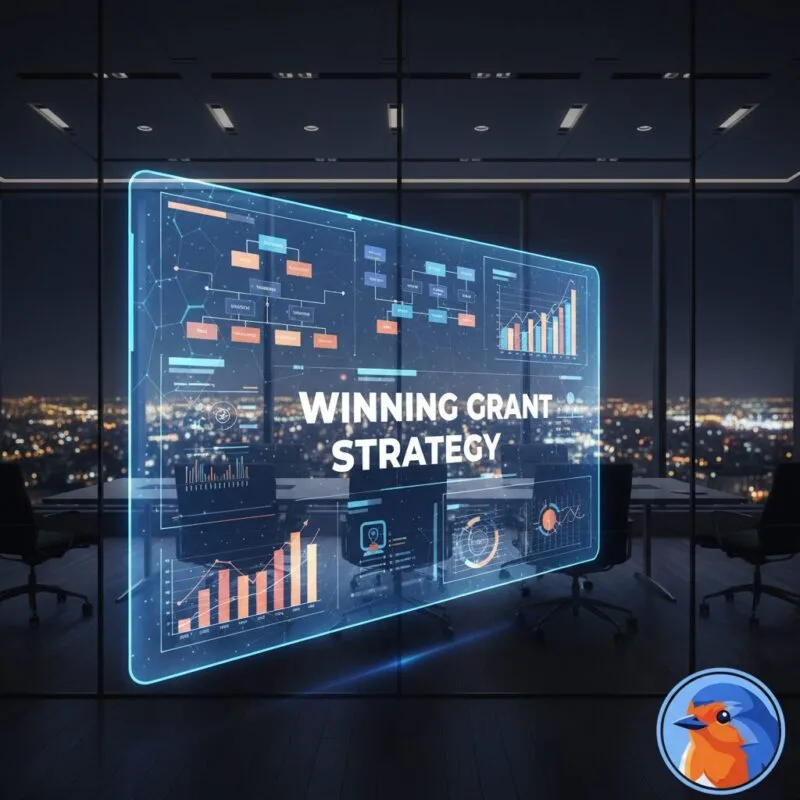 Winning Grant Strategy featured image with holographic data overlays in a modern boardroom