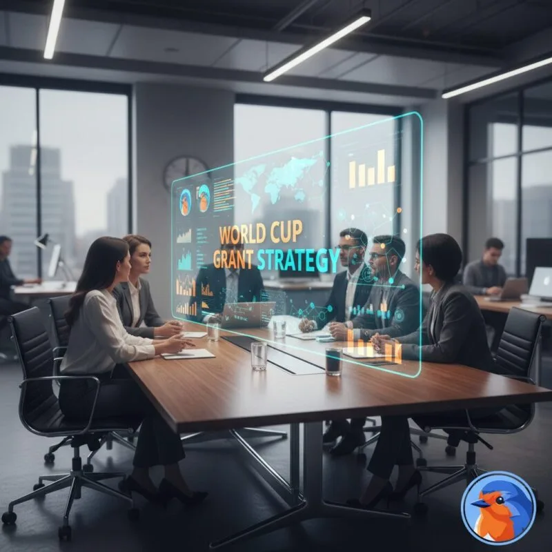 World Cup Grant Strategy featured image with holographic logic models in modern office