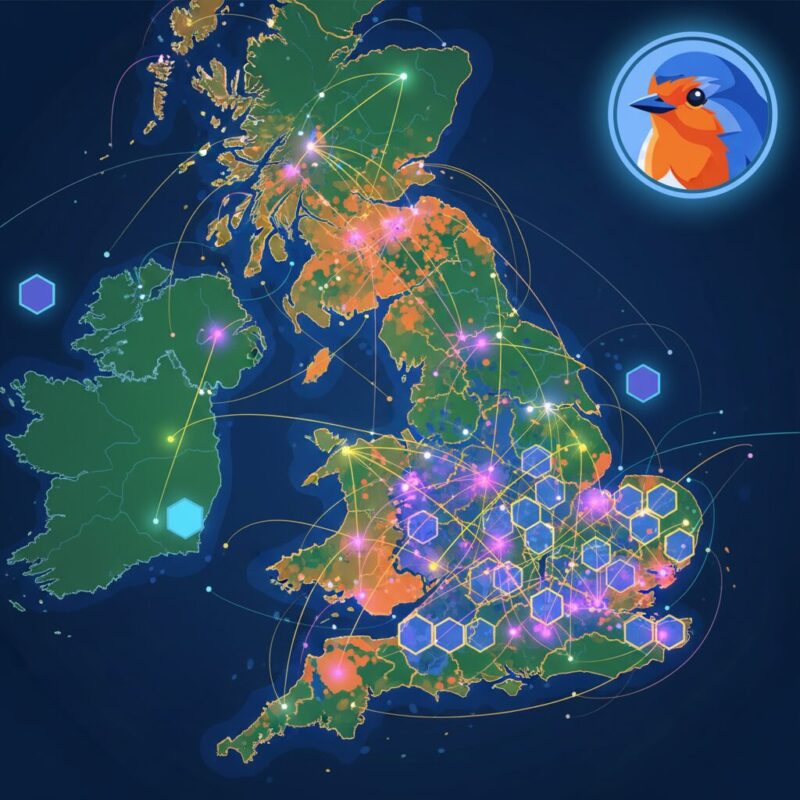 Zoomed-in stylized map of UK regions showing postcode-level data grids for hyper-local funding