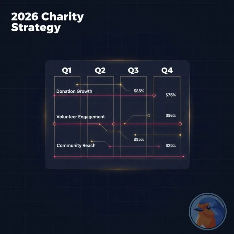 2026 Charity Strategy holographic roadmap floating in a dark corporate boardroom