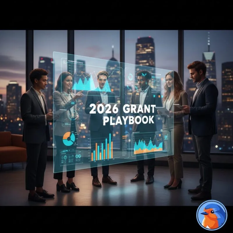 2026 Grant Playbook featured image with holographic financial charts in a modern educational hub