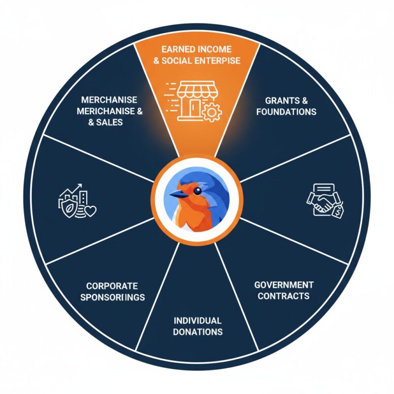 7-spoke wheel diagram highlighting the Earned Income and Social Enterprise revenue stream