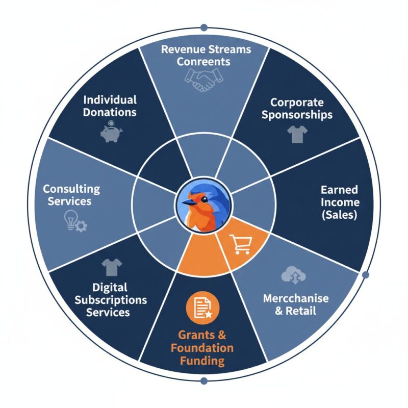 7-spoke wheel diagram highlighting the Grants and Foundation Funding revenue stream
