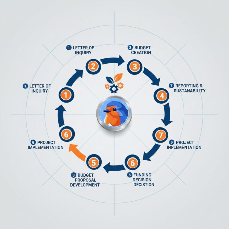 8-step circular infographic showing the grant proposal writing process