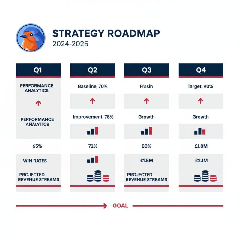 Analytics dashboard diagram showing quarterly revenue forecasting and grant win rates