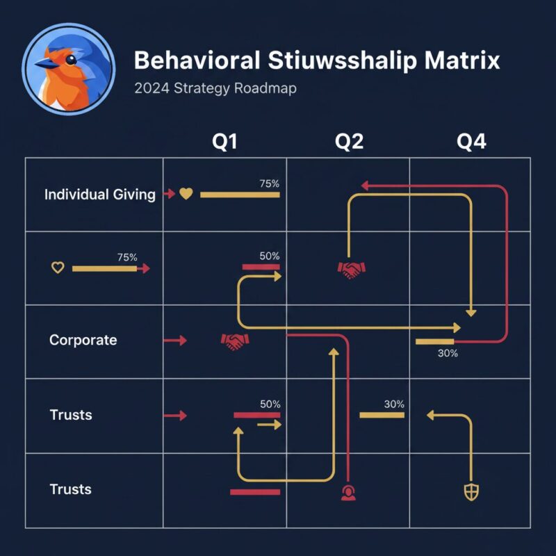 Behavioral stewardship matrix diagram tracking donor engagement types across different revenue streams