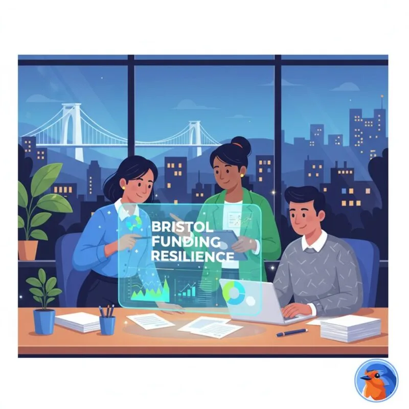 Bristol Funding Resilience text floating over a modern nonprofit office