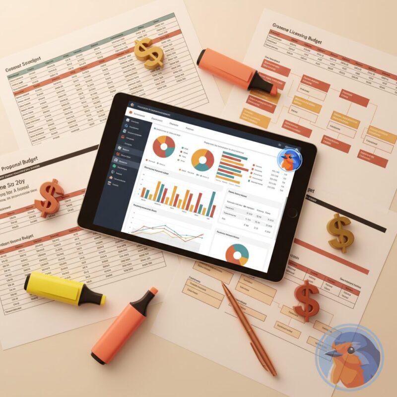 Capacity building grant documents alongside a tablet showing software dashboards