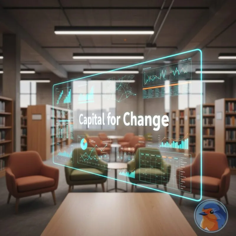 Capital for Change featured image with holographic financial charts in a modern library