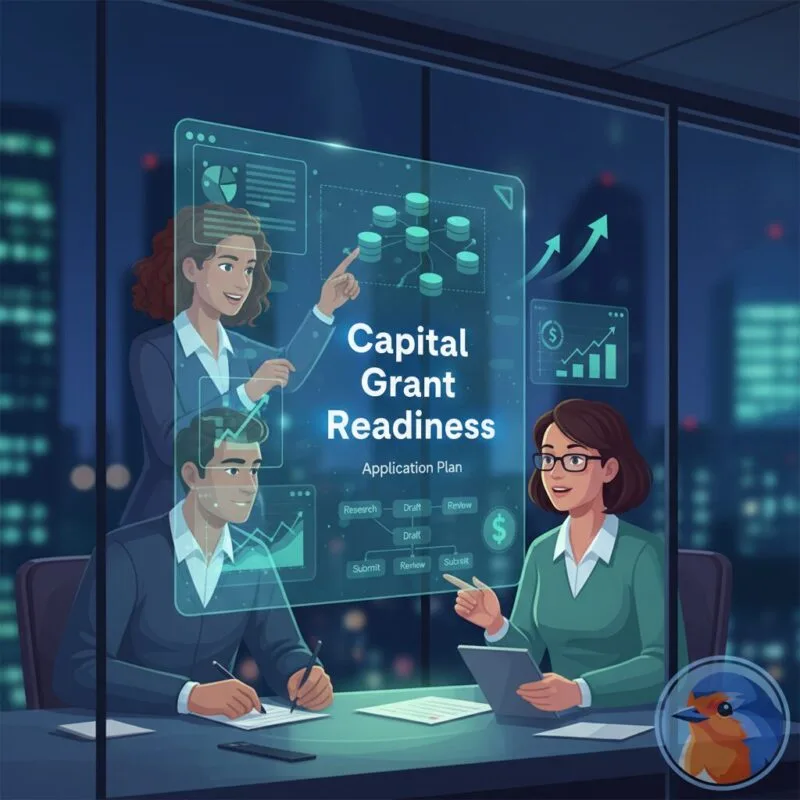 Capital Grant Readiness holographic display in a modern boardroom at night