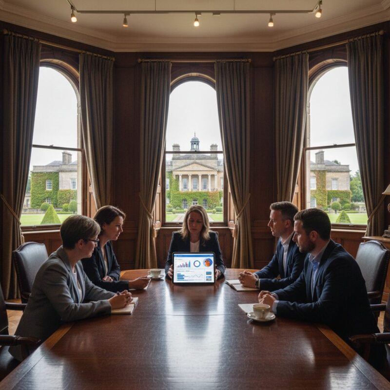 Charity directors analyzing trust funding targets on a digital dashboard
