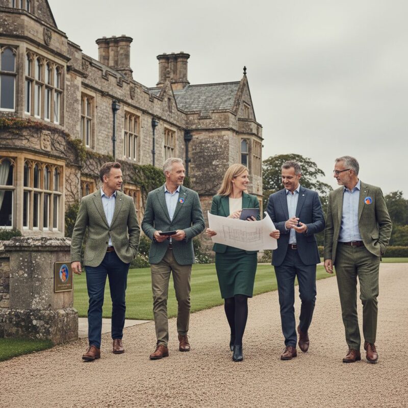 Charity leaders reviewing funding documents outside a UK heritage building