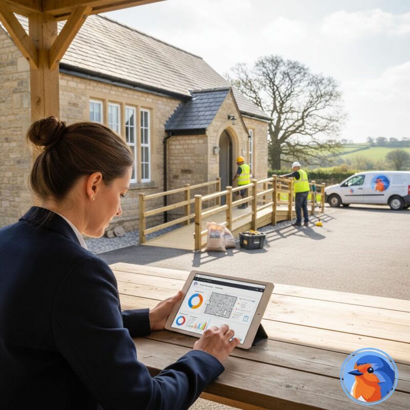 Charity manager reviewing project plans on tablet outside a community building