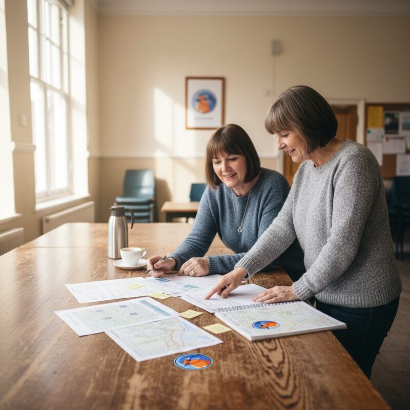 Charity managers reviewing financial thresholds and grant documents