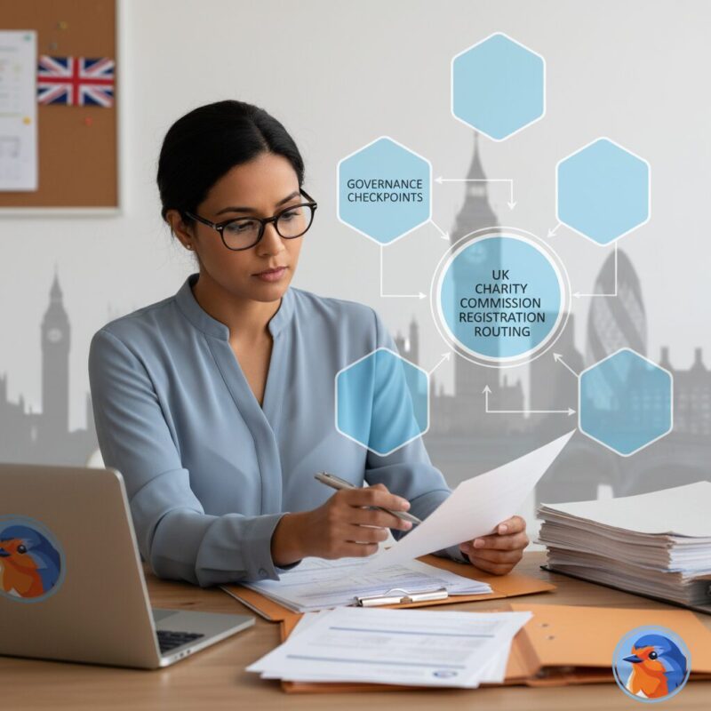 Charity worker reviewing governance documents with overlaid grant readiness diagrams