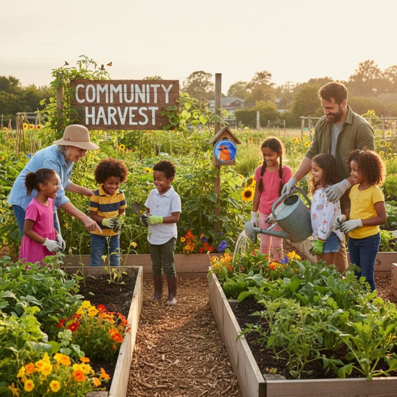 Children and volunteers planting vegetables in a community garden supported by local grants