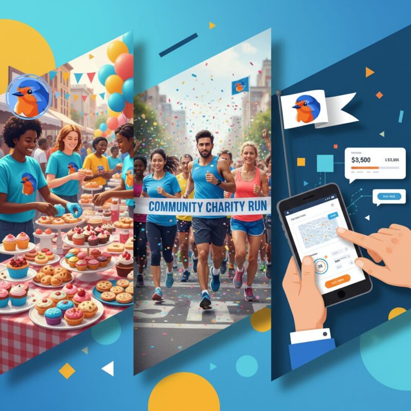 Collage contrasting human volunteer activities with digital fundraising tools