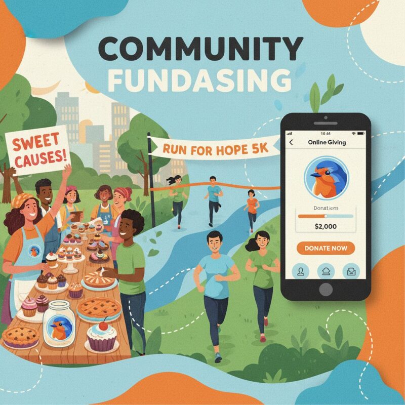 Collage of community fundraising including a bake sale, charity run, and online donation app