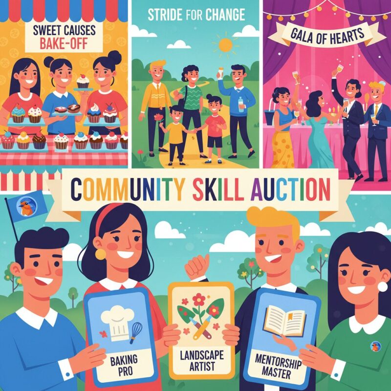 Colorful illustration of community members exchanging skills at a local charity auction event.