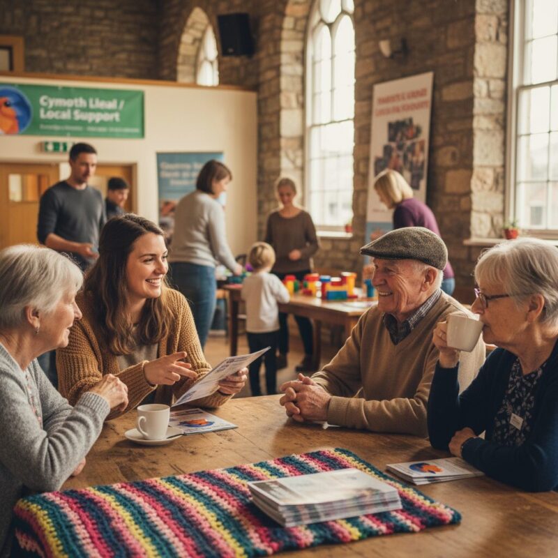 Community charity worker interacting with elderly residents in a local UK support center