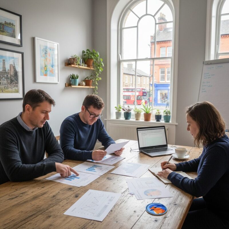 Community interest company team reviewing financial and grant documents in a bright workshop space