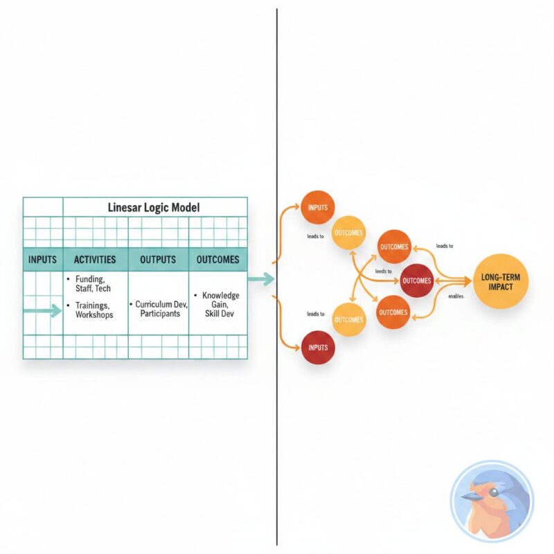 Comparison diagram showing a linear logic model versus a causal theory of change network