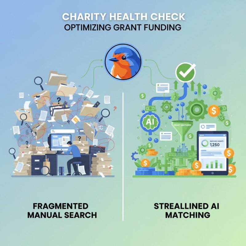 Comparison illustration showing manual grant searching versus automated AI smart matching