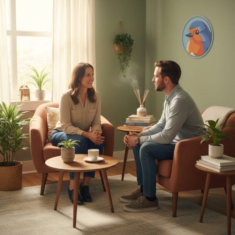 Compassionate clinician speaking with a patient in a warm therapy room
