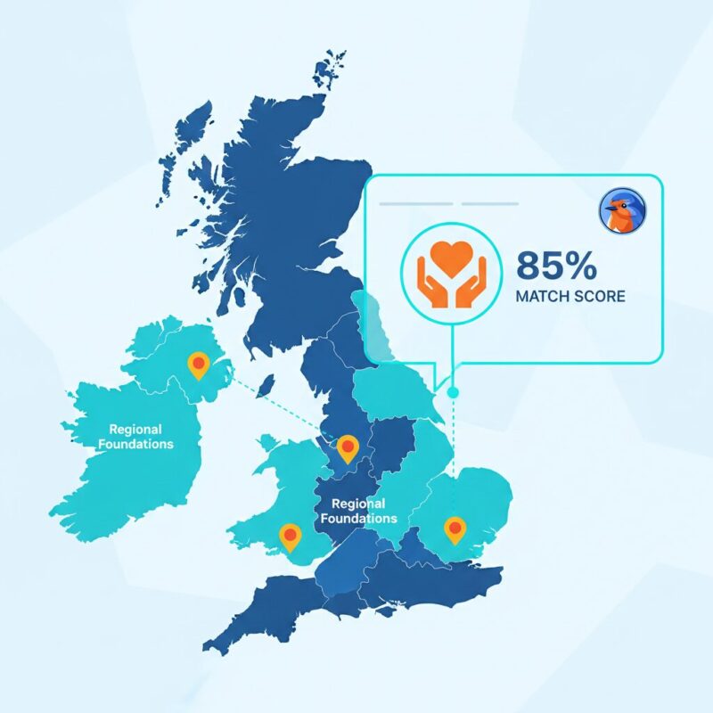 Conceptual dashboard showing AI algorithm matching a charity to a regional grant