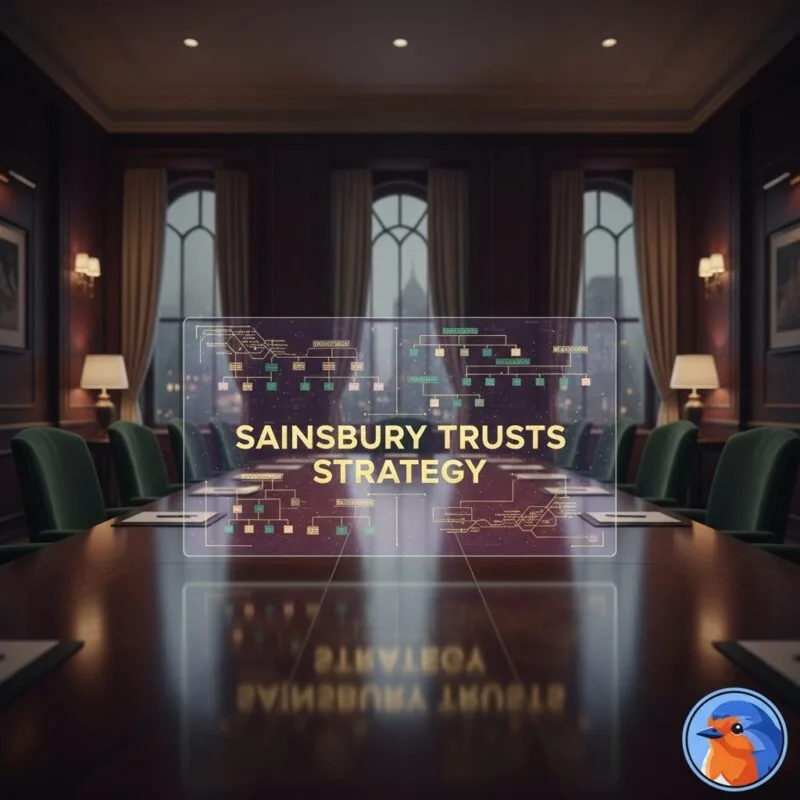 Corporate holographic display showing Sainsbury Trusts Strategy in a modern boardroom