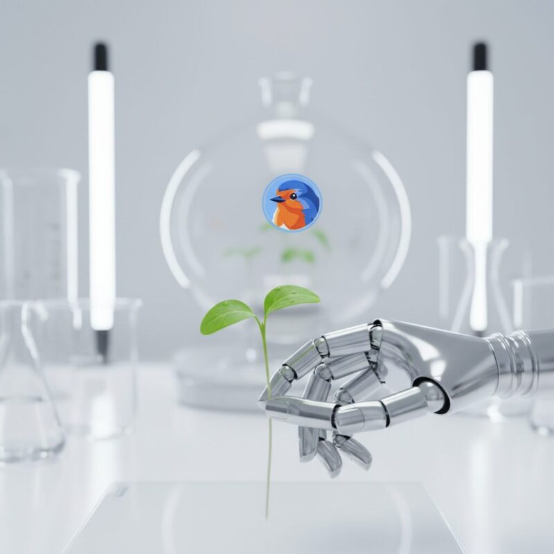 Detailed macro photo of a green plant seedling in a clean white scientific lab setting