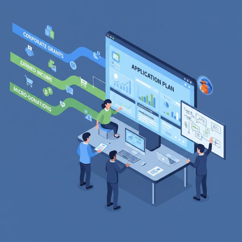 Diagram showing multiple funding streams flowing into a charity revenue dashboard
