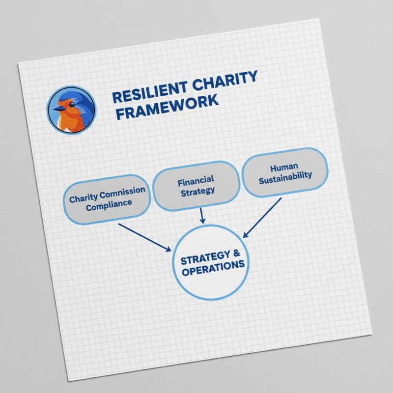 Diagram showing the Resilient Charity Framework connecting compliance, finance, and sustainability