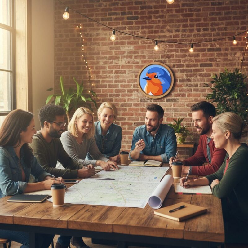 Diverse community leaders collaborating over blueprints and maps at a wooden table