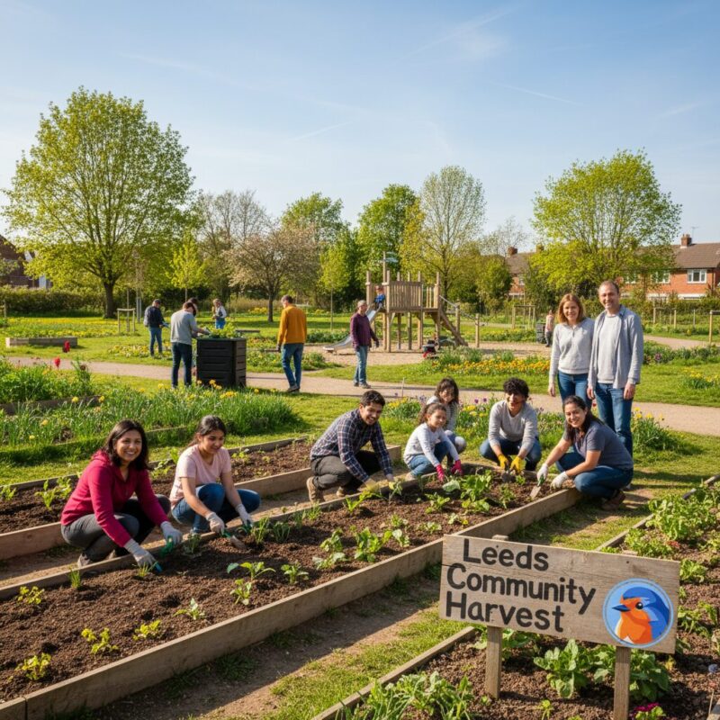 Diverse group of local volunteers planting a community garden in a Leeds park