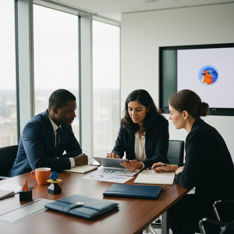 Diverse UK charity board members reviewing financial compliance documents on a tablet