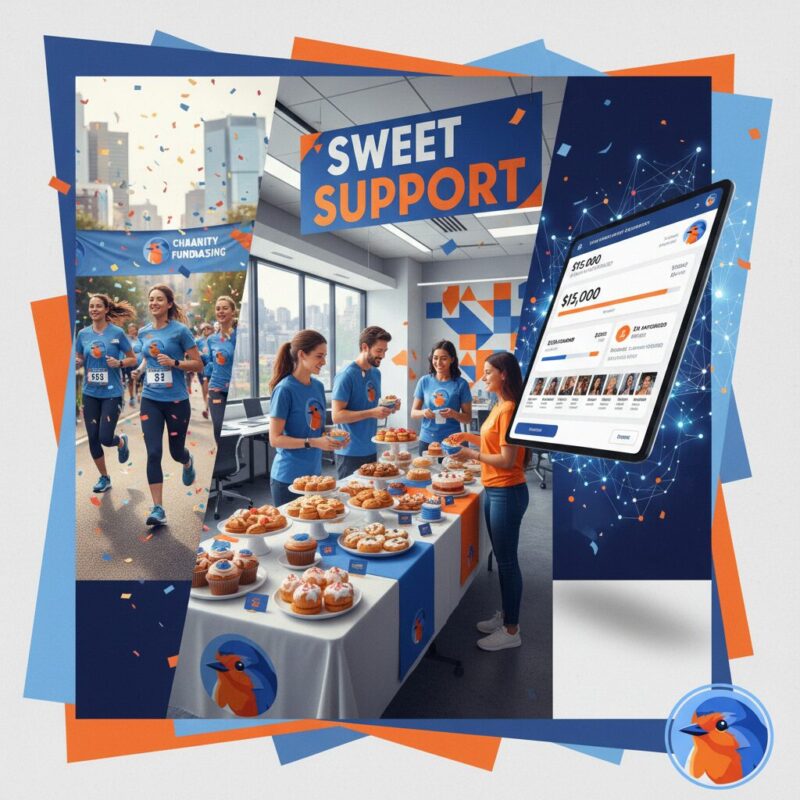 Editorial collage showing corporate employees participating in charity runs and matched giving