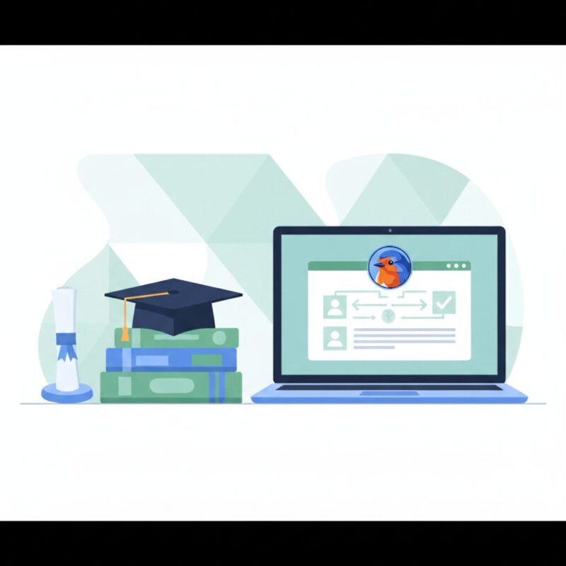 Editorial illustration of a clean desk with laptop and certificate representing reduced grant writing burnout