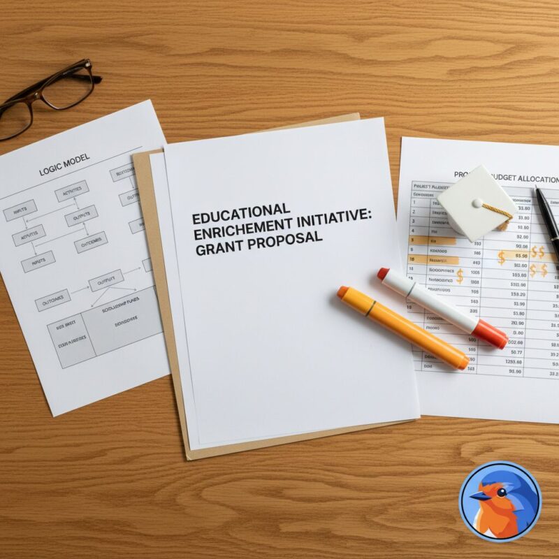 Education grant proposal documents and logic models organized on a desk
