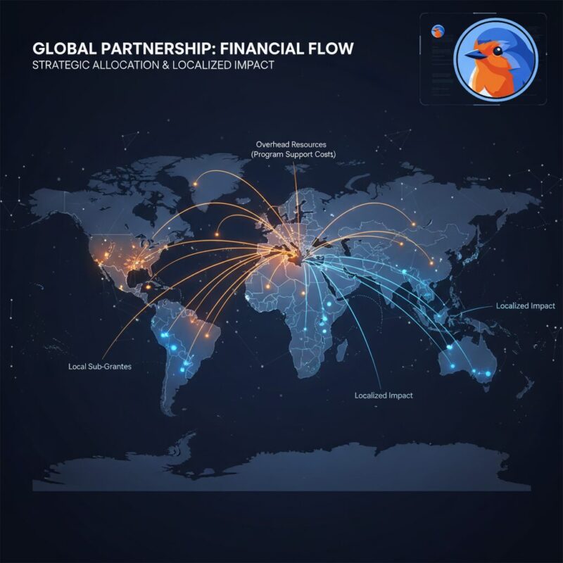 Financial flow visualization showing equitable distribution of indirect costs to local NGOs