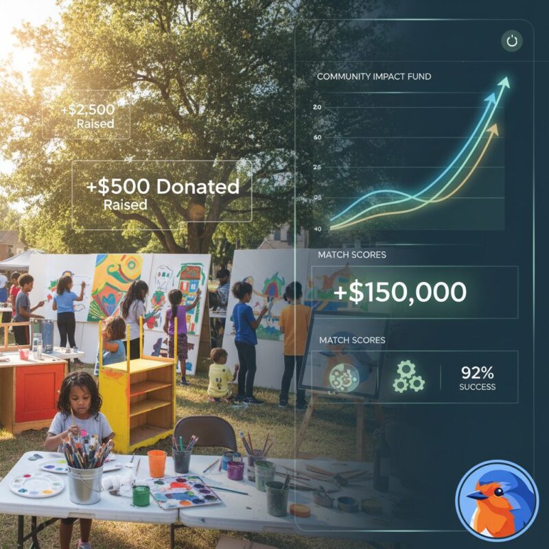 Financial forecasting dashboard overlaid on an arts community nonprofit program