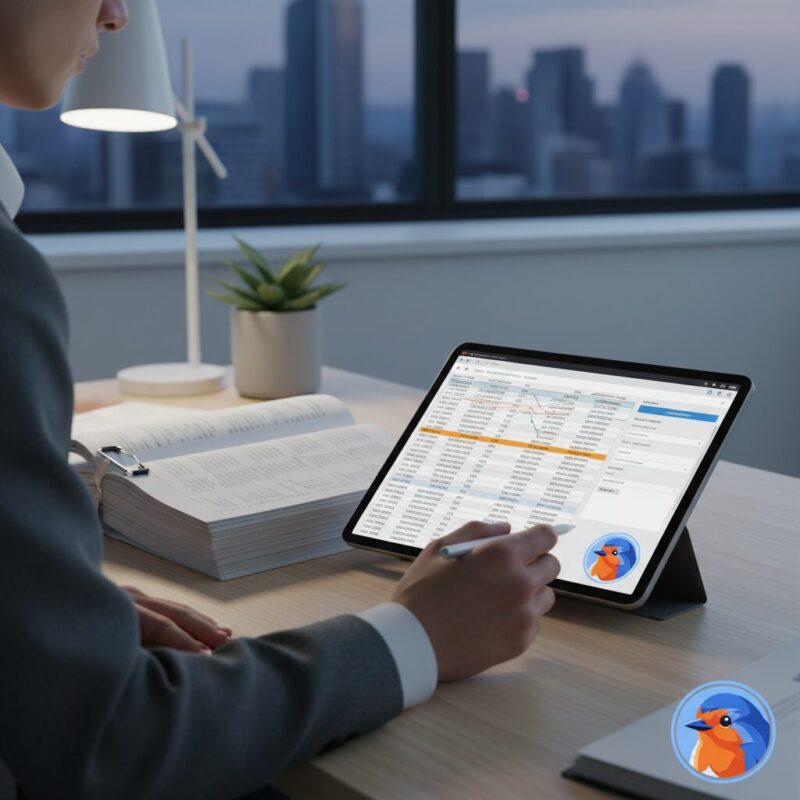 Financial review of audited accounts alongside a digital tablet interface