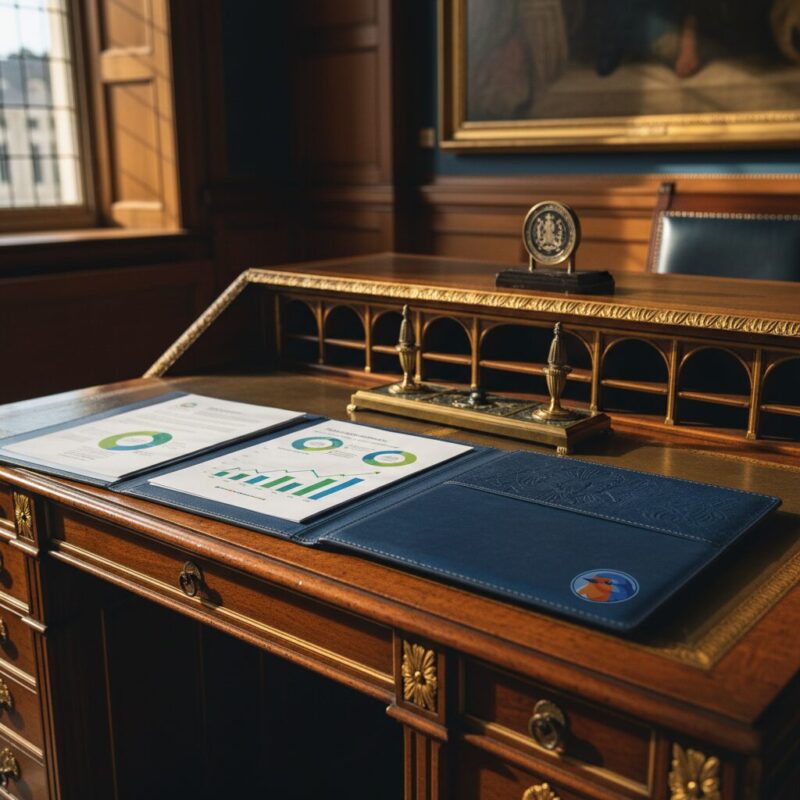 Financial sustainability planning documents in a blue leather folio on an antique desk