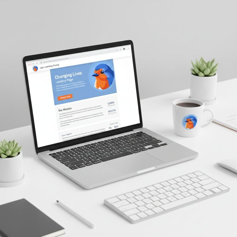Flat design illustration of a charity landing page with a prominent donation button