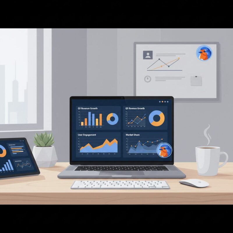 Flat design illustration of a laptop screen displaying data analytics and charts