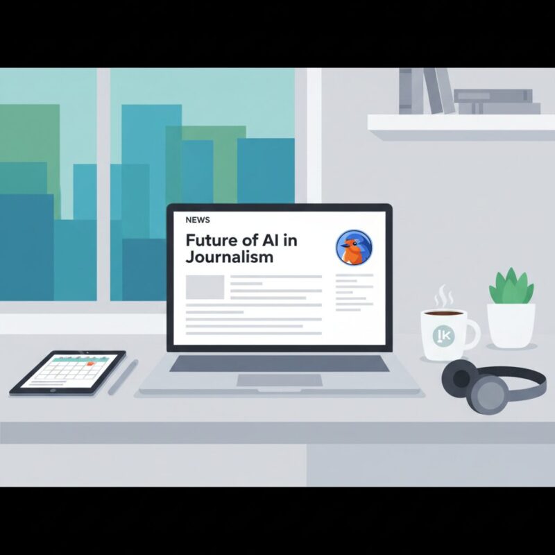 Flat design illustration of a modern workspace with a laptop showing a news draft
